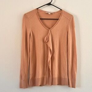 LOFT Wool Blend Camel Tan Ruffle Detail V Neckline Sweater Size Large Petite
